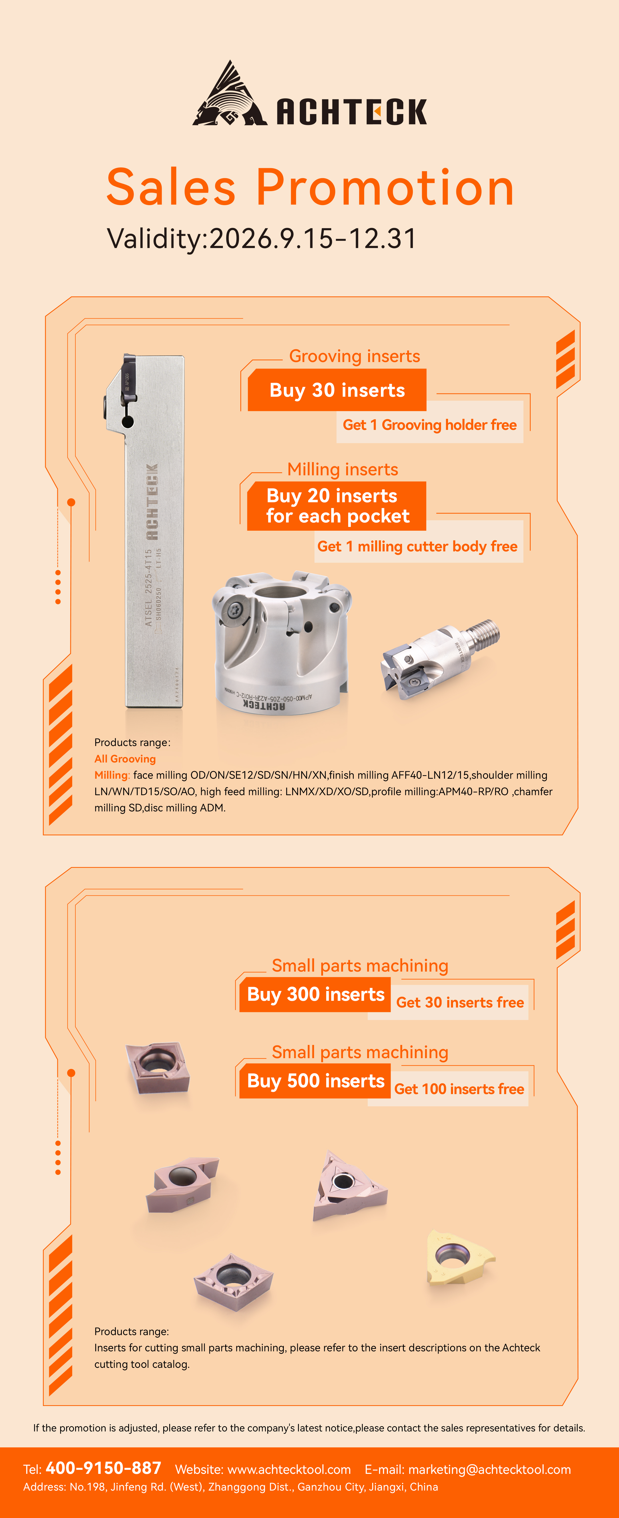 ACHTECK khuyến mãi 2026 cho insert Grooving, Milling & Small Parts Inserts